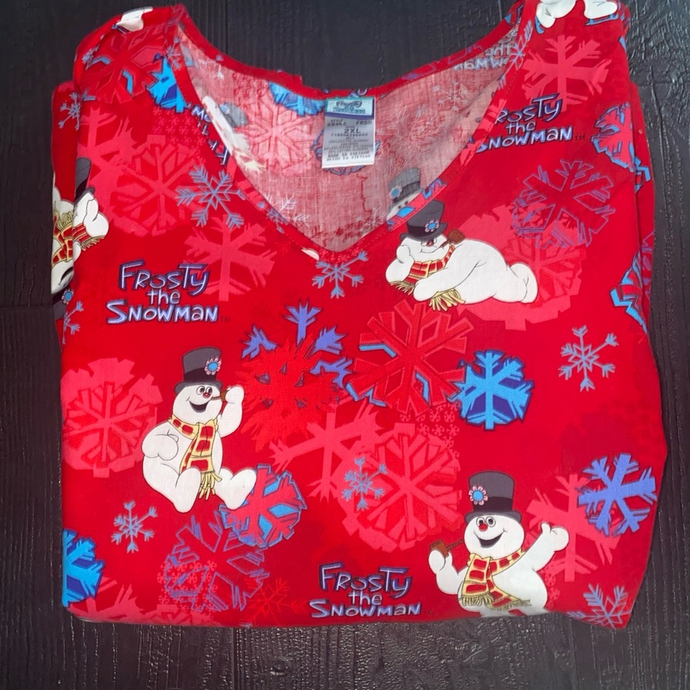 Frosty The Snowman Medical Scrub Top Plus Size‎ 2X  Cotton